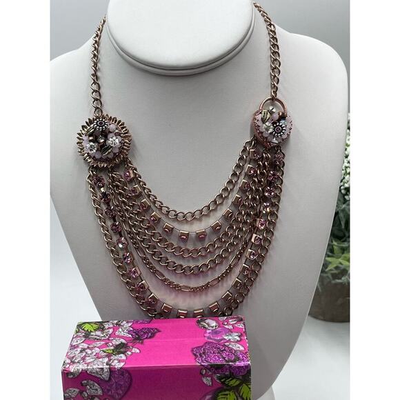 Betsey Johnson Pink Rose Gold-Tone Woven Charm MultiChain Necklace New with Box - Picture 3 of 15